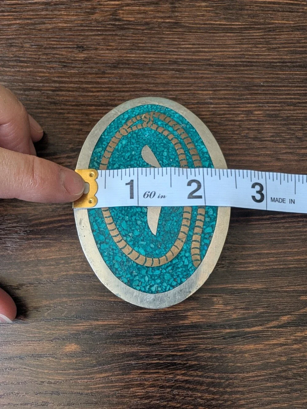 Vintage Mexico Alpaca Silver Belt Buckle Crushed Turquoise Inlay Western Cowboy